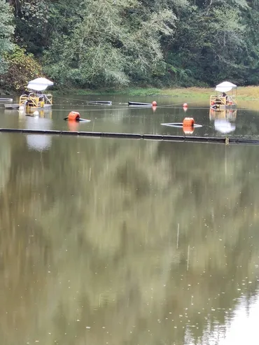 Dredges working on a pond in light rain